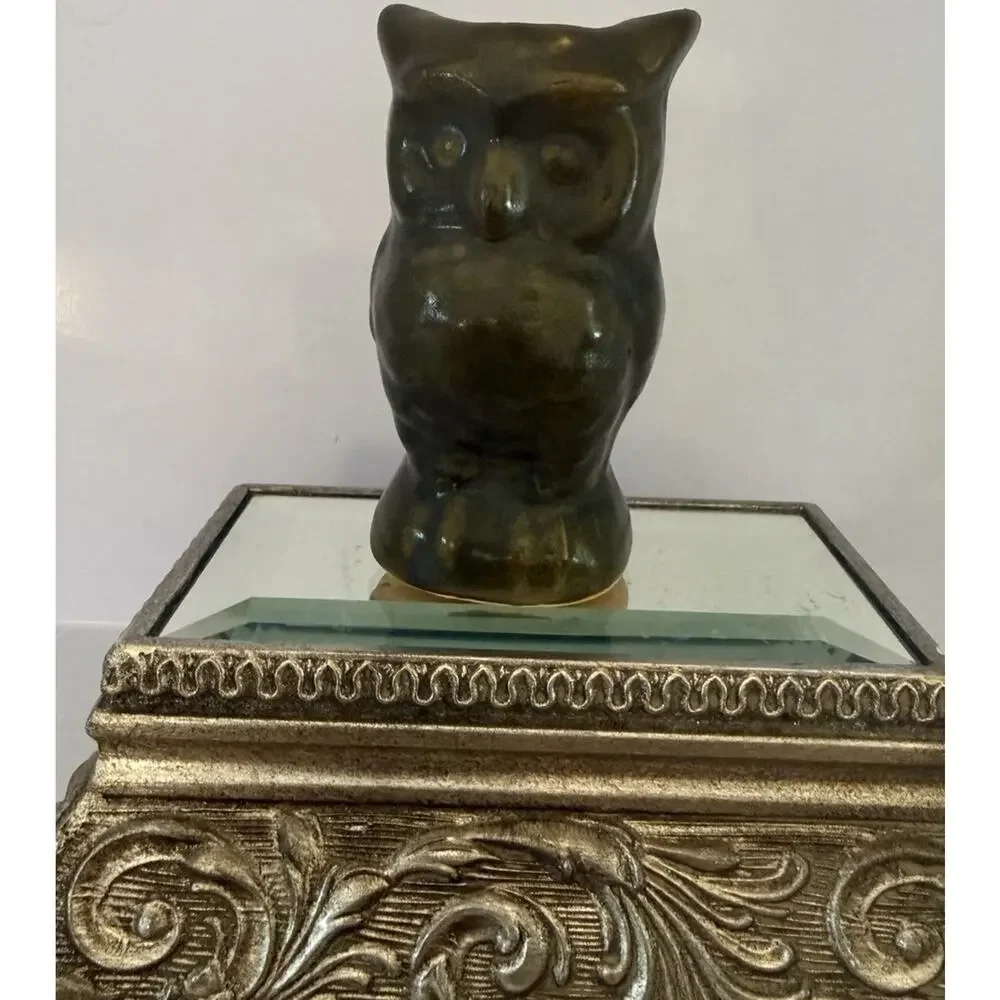 Vintage Mid Century 1948 Ceramic Avocado Green Estate Owl Bud Vase 4.25”
